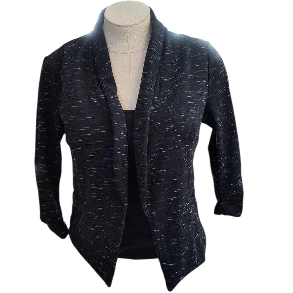 Maurice's Black Heathered 3/4 Sleeve Open Front Blazer/Cardigan W/ Ruched Cuff S